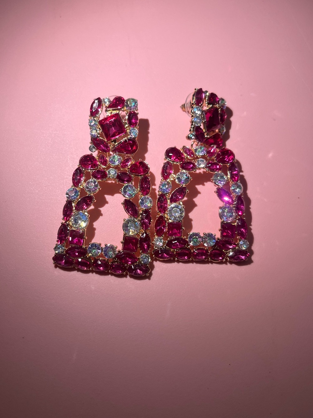 Hot Pink Rhinestone Geometric Statement Drop Earrings